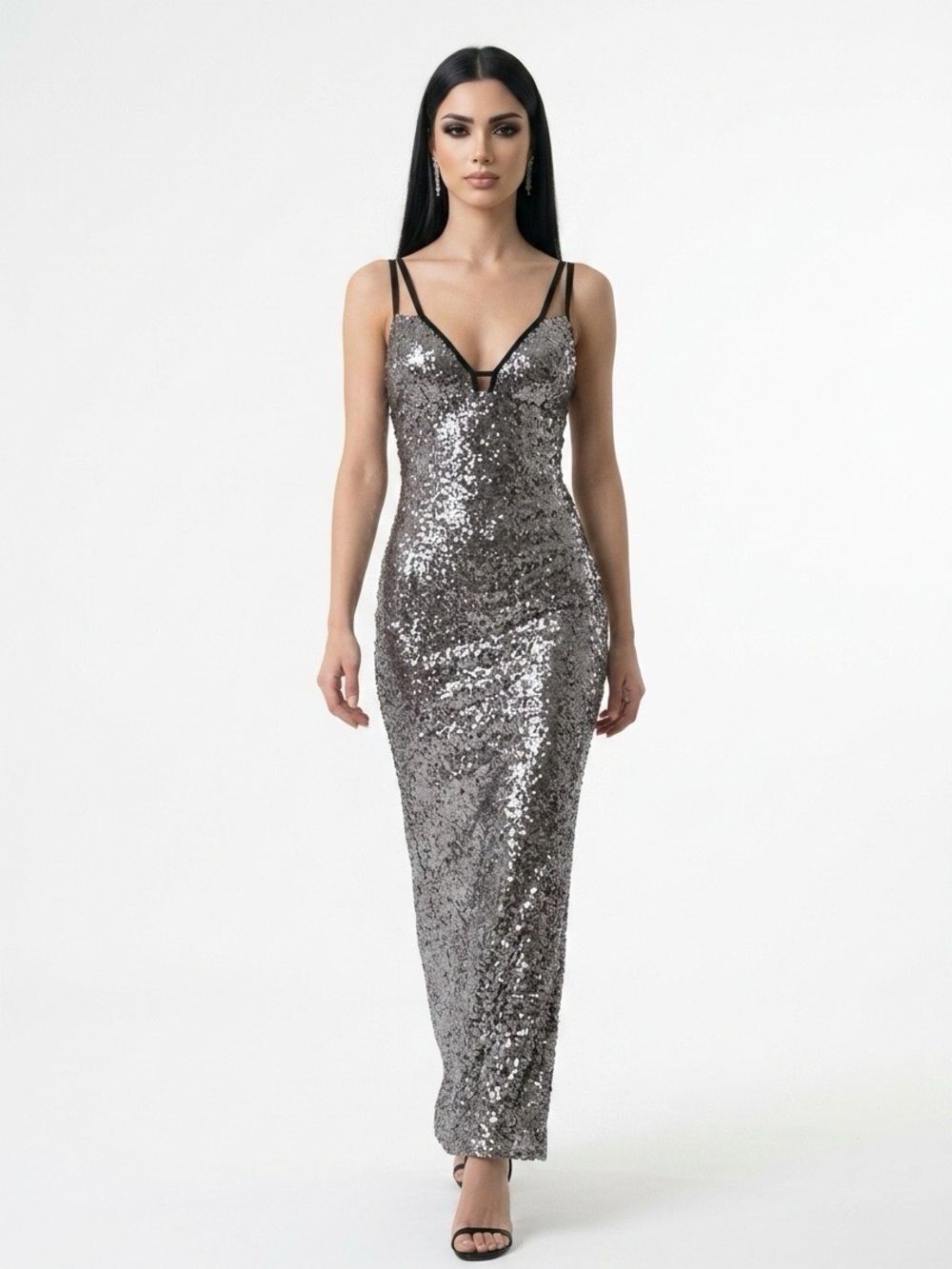 Dark Silver Sequin V-Neck Strappy Evening Gown by Faviana